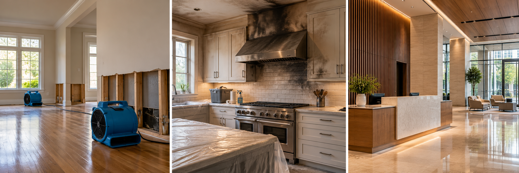 Illustrative scenes of residential water mitigation, fire cleanup and a finished commercial interior